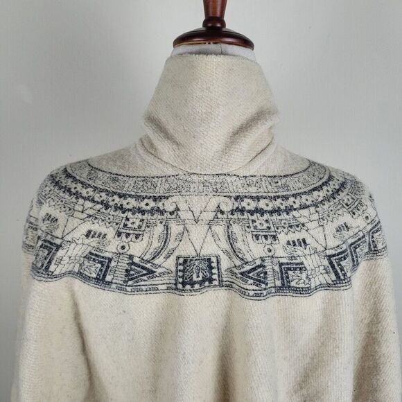 Vintage Mayan Calendar Poncho Cape Cream Wool Shawl Fringe Rustic Ethnic 70s - Picture 6 of 9